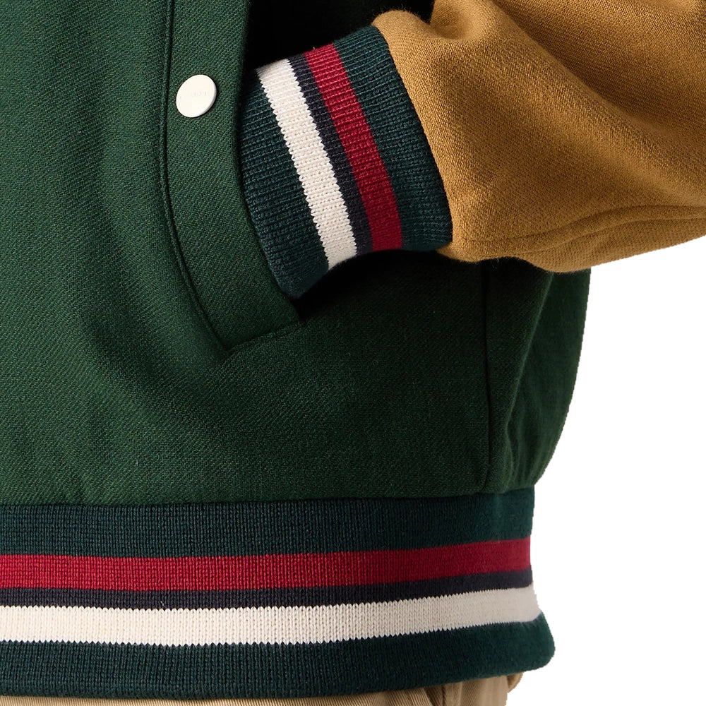 Aaron Wool Mens Dark Green Varsity Jacket with Cognac Sleeves