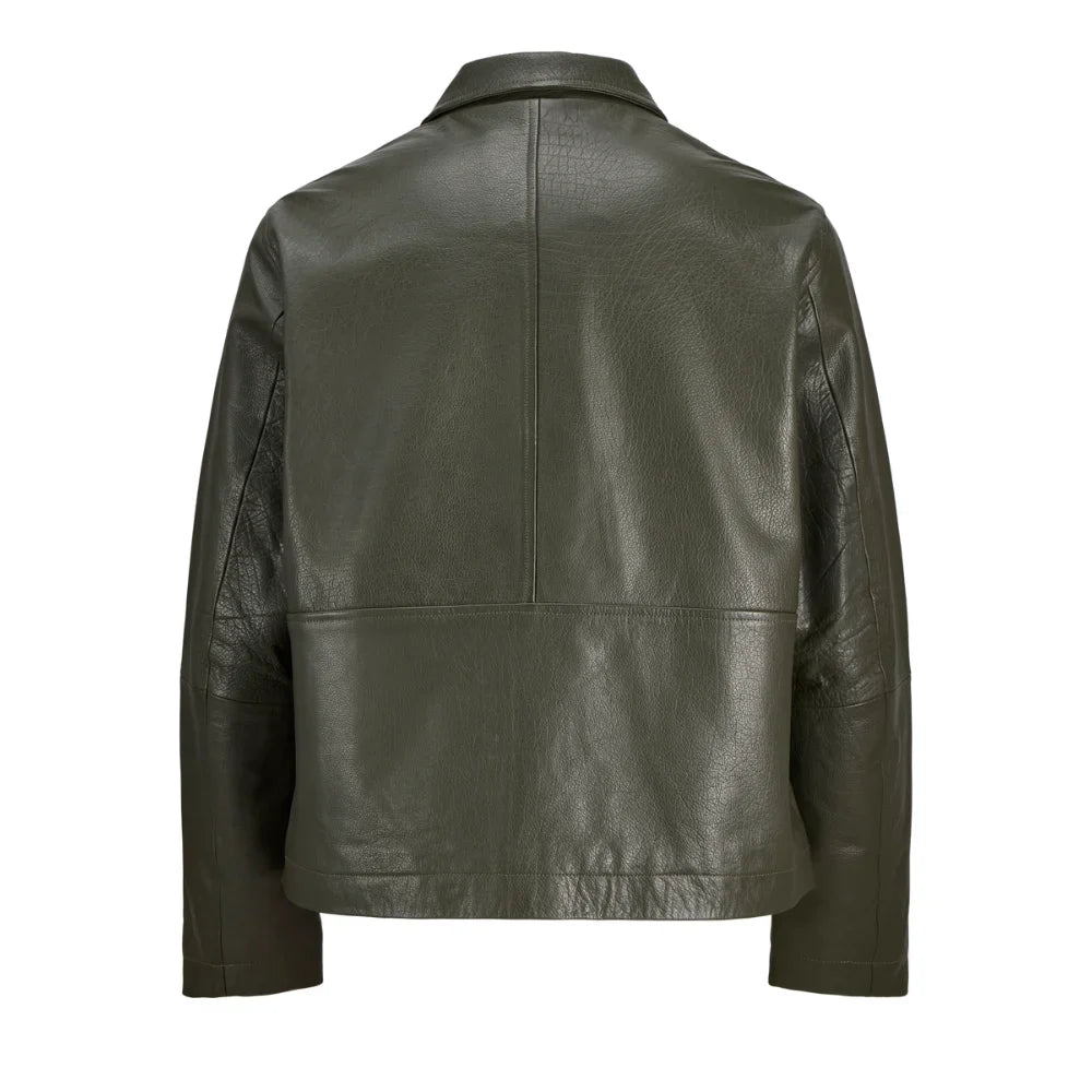 Men's Shirt Collar Olive Green Leather Jacket