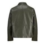 Men's Shirt Collar Olive Green Leather Jacket