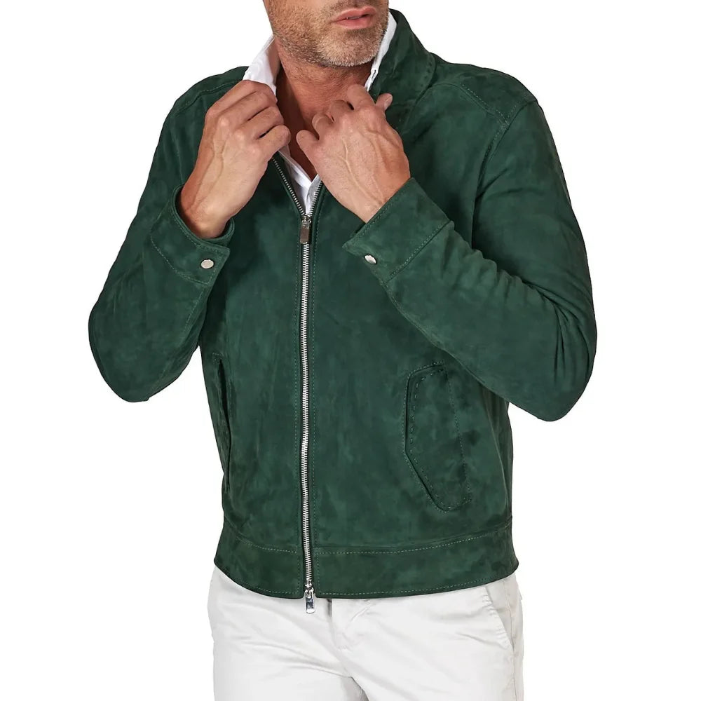 Mens Green Suede Leather Shirt Jacket