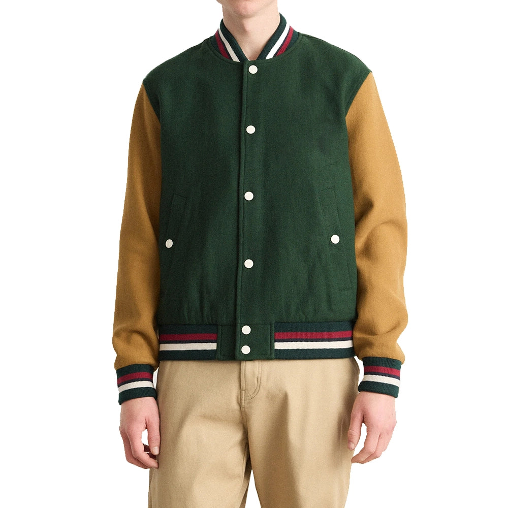 Aaron Wool Mens Dark Green Varsity Jacket with Cognac Sleeves
