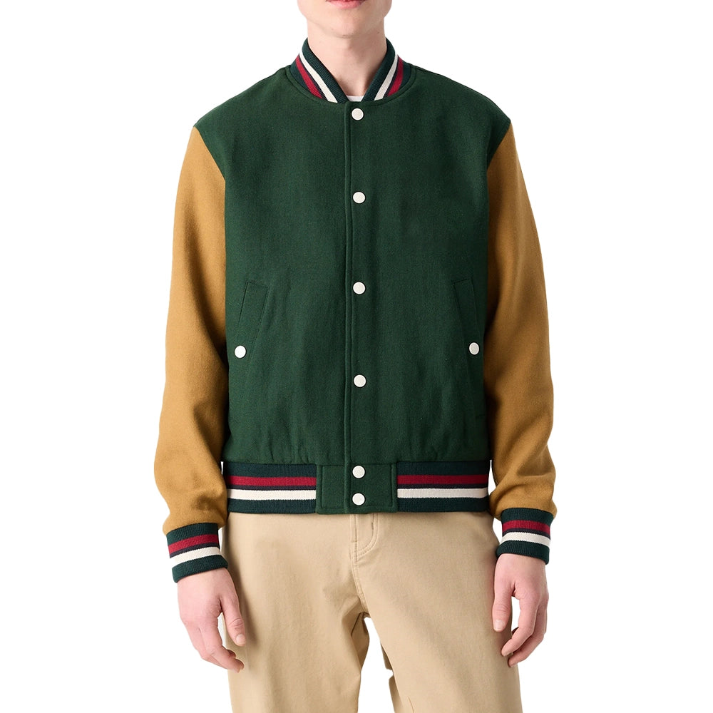 Aaron Wool Mens Dark Green Varsity Jacket with Cognac Sleeves