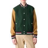 Aaron Wool Mens Dark Green Varsity Jacket with Cognac Sleeves