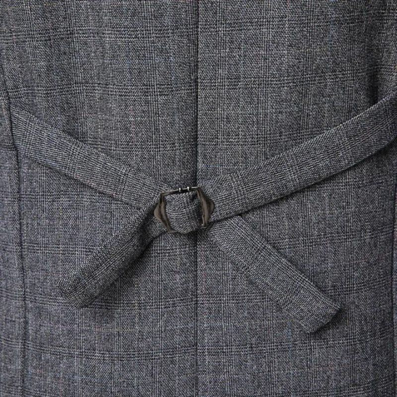 Back of grey herringbone suit vest with adjustable buckle strap