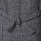 Back of grey herringbone suit vest with adjustable buckle strap