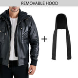 Men's Black Leather Bomber Jacket with Removable Hood