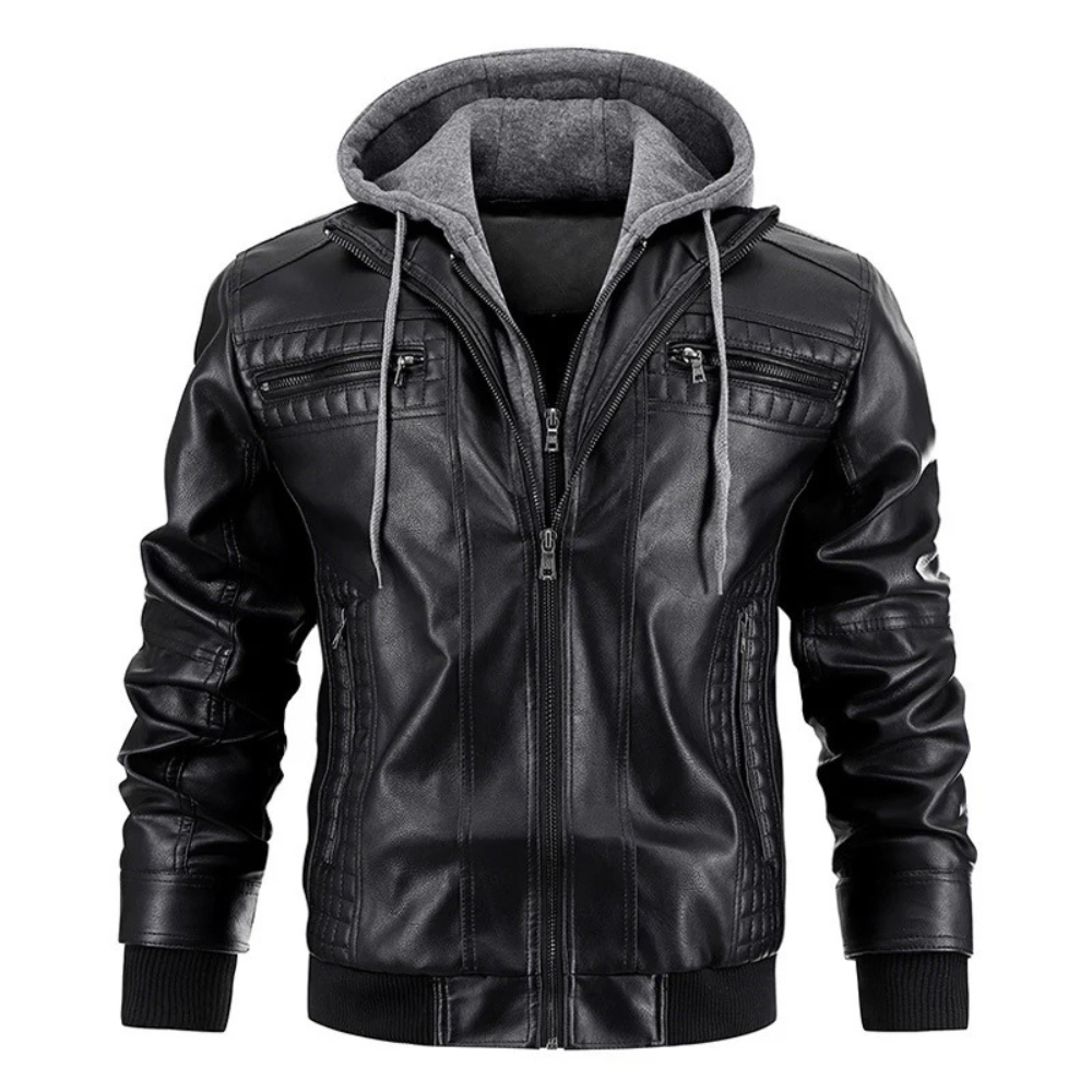 Men's Distressed Black Leather Bomber Jacket with Removable Hood