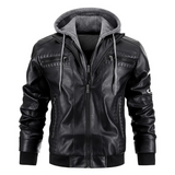 Men's Distressed Black Leather Bomber Jacket with Removable Hood
