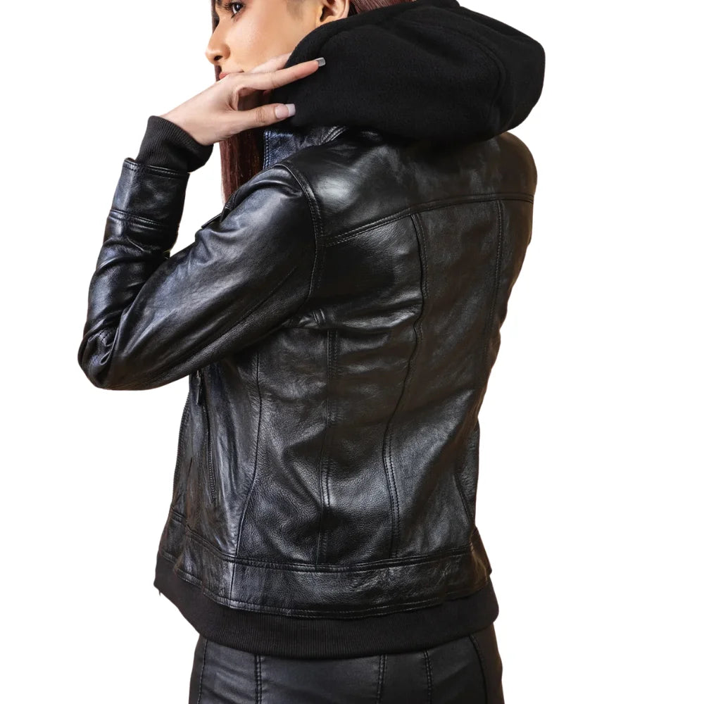 Black Leather Bomber Jacket Women with Removable Hood