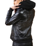 Black Leather Bomber Jacket Women with Removable Hood