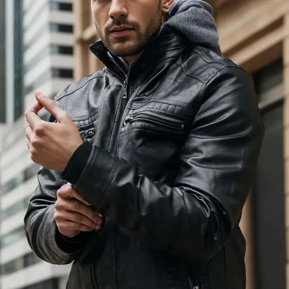 Men's Distressed Black Leather Jacket with Removable Hood