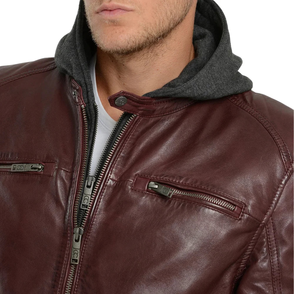 Men's Maroon Bomber Hooded Leather Jacket