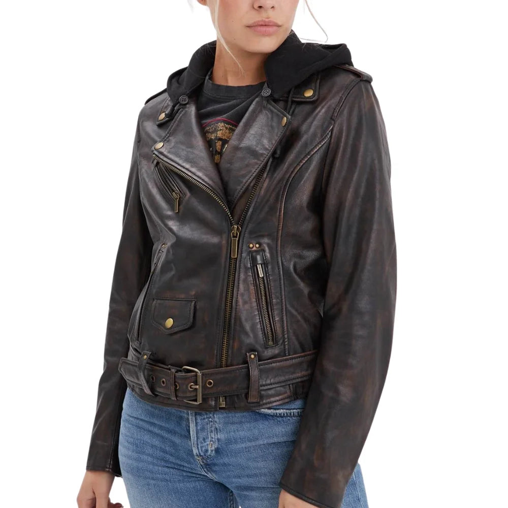 Women’s Black Cognac Hooded Leather Biker Jacket with Adjustable Belt