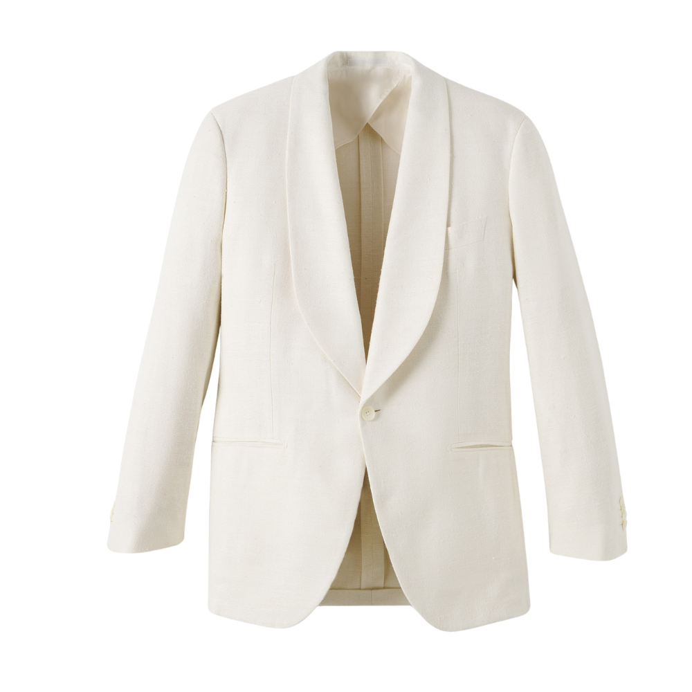Mother-of-pearl buttons on ivory silk tuxedo jacket