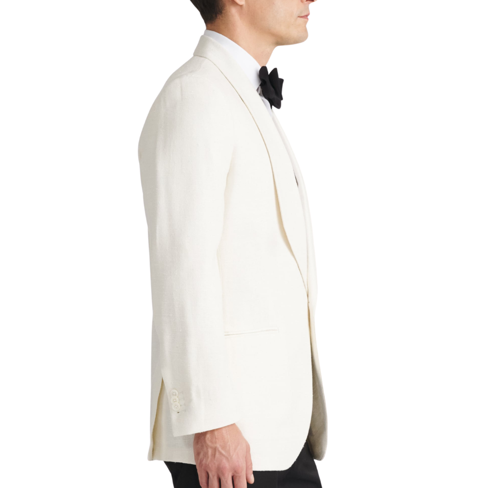 Side view of men’s ivory silk shawl lapel jacket