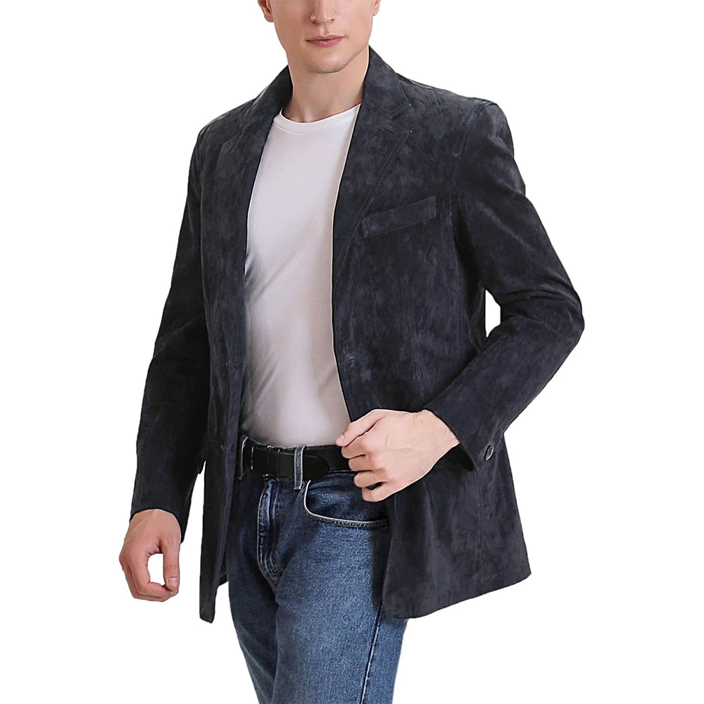 Classic Slim fit Two Button Mens Blue Leather Blazer
