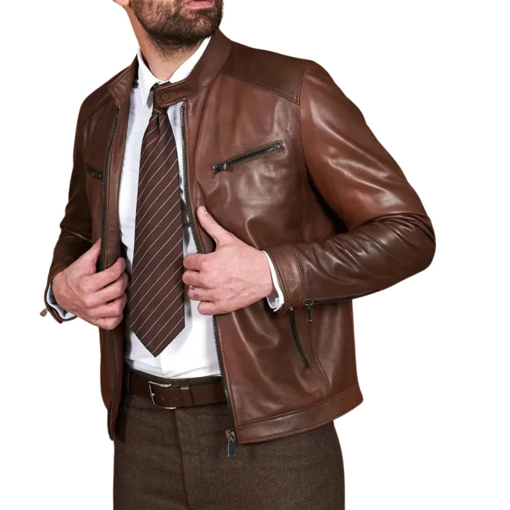 Men’s Real Lambskin Chocolate Brown Biker Leather Jacket