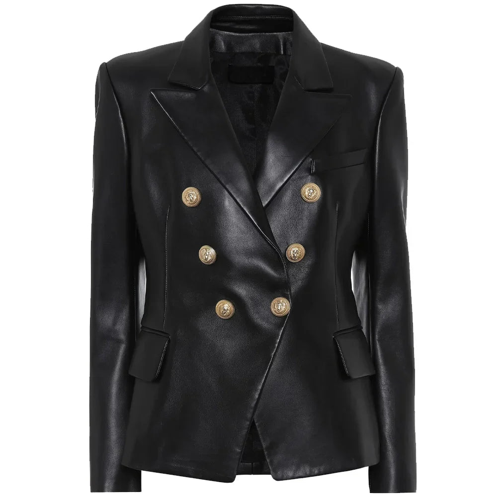 Tall women’s black double-breasted leather blazer front view