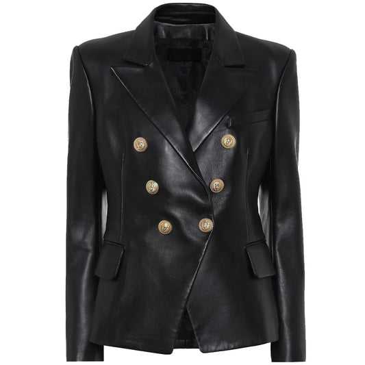Tall women’s black double-breasted leather blazer front view