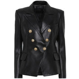 Tall women’s black double-breasted leather blazer front view