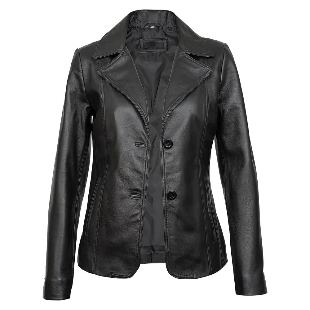 Real Lambskin Notch Lapel Ladies Black Leather Blazer