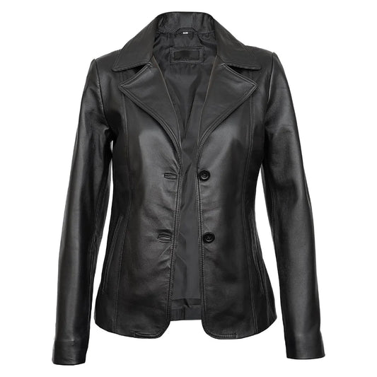 Women's Two Buttoned Black Leather Blazer