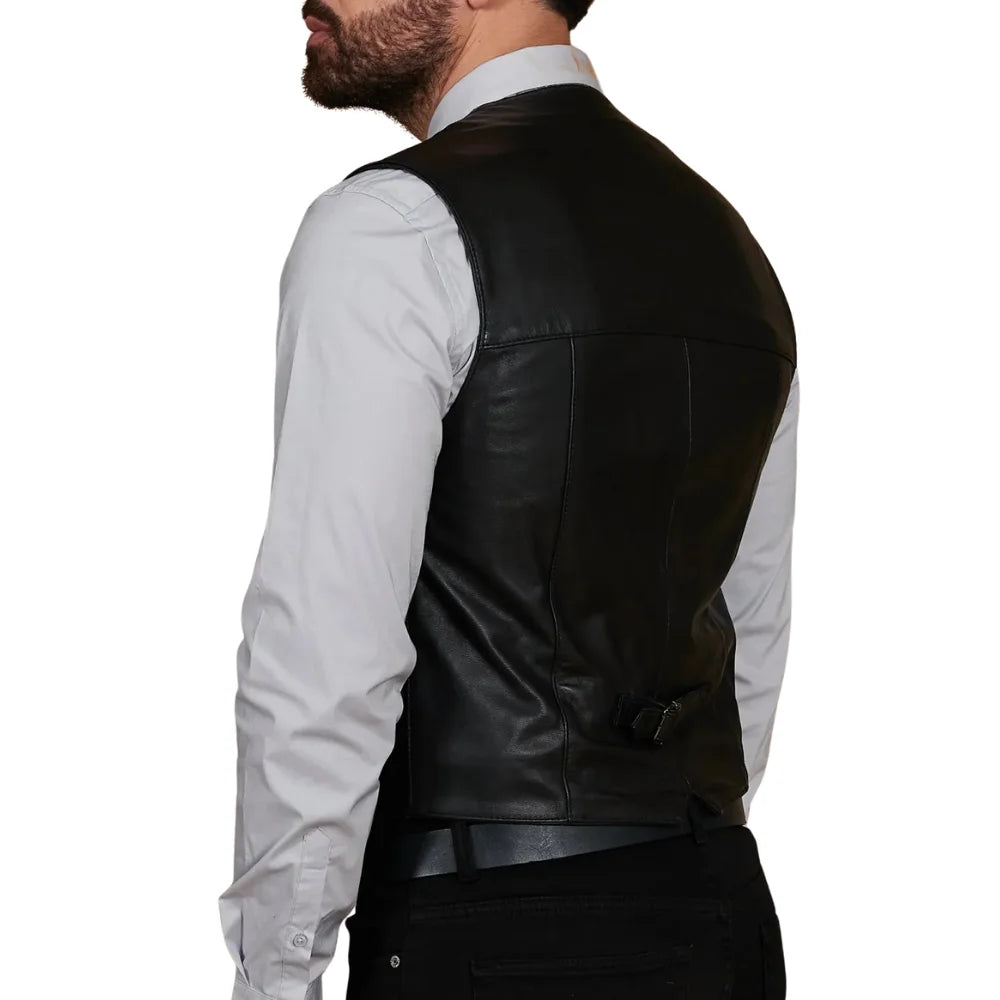 Men’s black leather formal waistcoat with sleeveless design