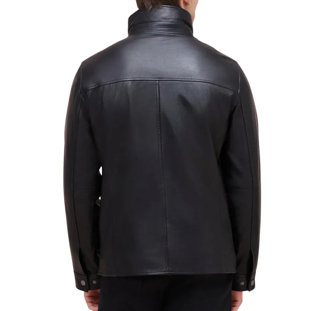 Men’s Black Genuine Lamb Leather Jacket with Detachable Vest