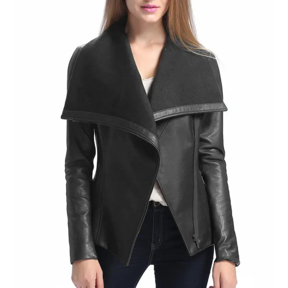 Women’s Asymmetrical Black Leather Jacket with Wool Blend Overlay - Trendy Jacket