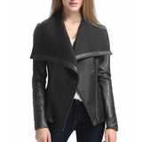 Women’s Asymmetrical Black Leather Jacket with Wool Blend Overlay - Trendy Jacket