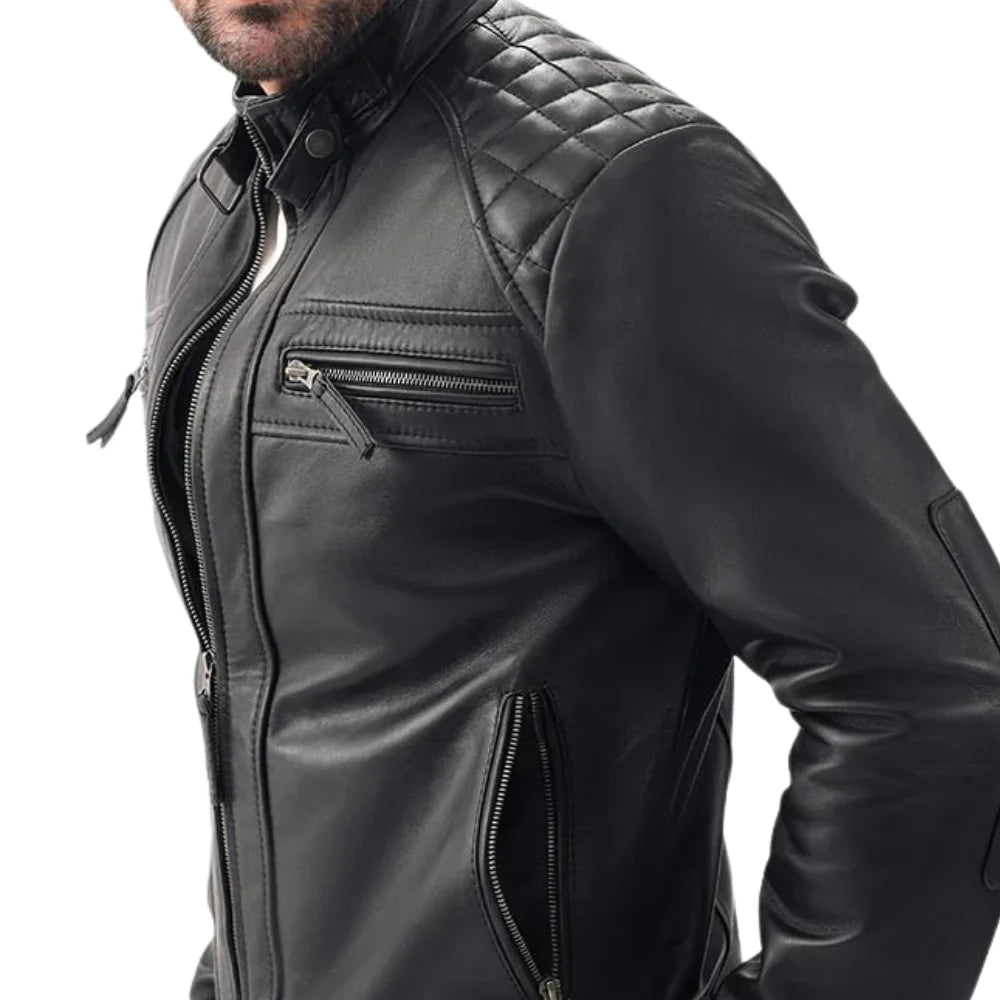 Men's Black Real Lambskin Leather Cafe Racer Jacket — Diamond Pattern Shoulders