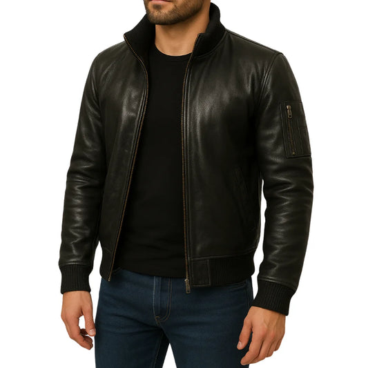 Men's Black Cowhide Leather Bomber Jacket