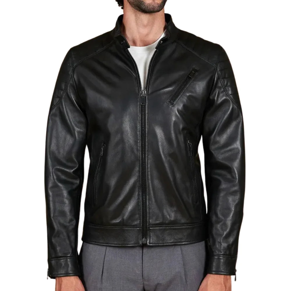 Men's Quilted Black Cafe Racer Leather Jacket