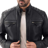 Men's Black Real Lambskin Leather Cafe Racer Jacket — Diamond Pattern Shoulders