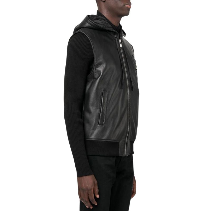 Hooded Mens Black Leather Vest