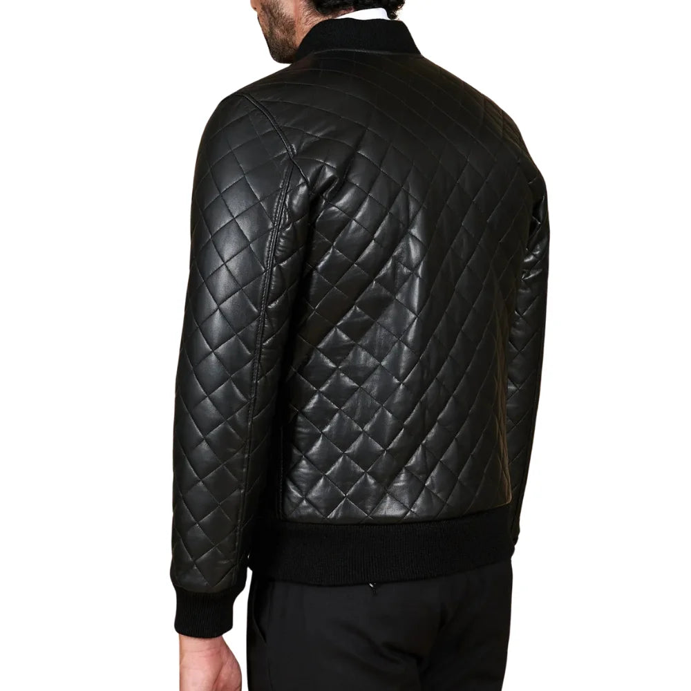 Men's Black Leather Bomber Diamond Quilted Jacket