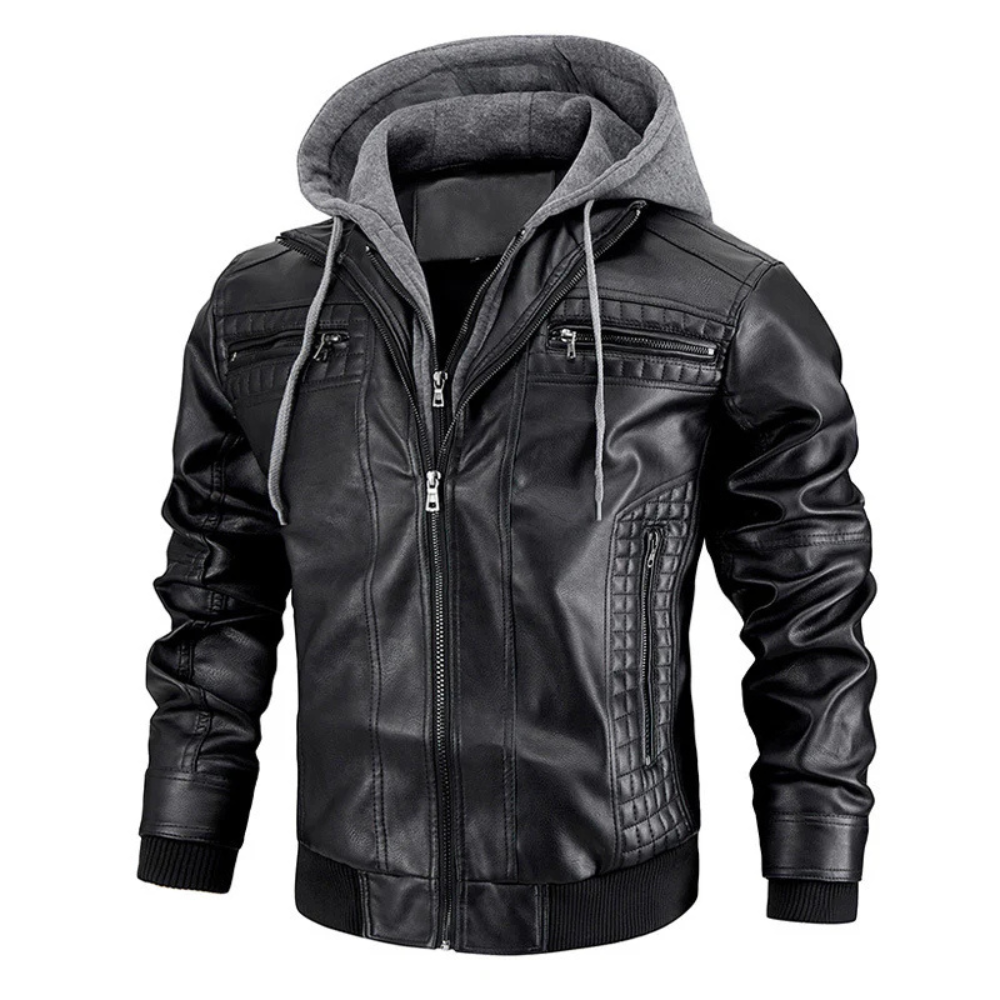 Men's Distressed Black Leather Bomber Jacket with Removable Hood