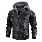 Men's Distressed Black Leather Bomber Jacket with Removable Hood