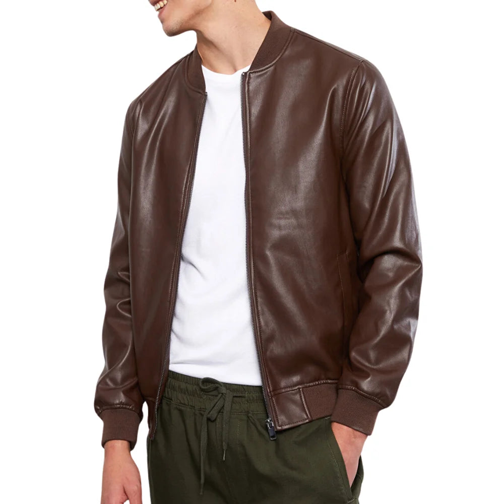Mens Real Chocolate Brown Leather Bomber Jacket