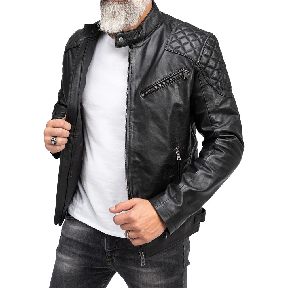 Mens Padded Black Cafe Racer Leather Jacket