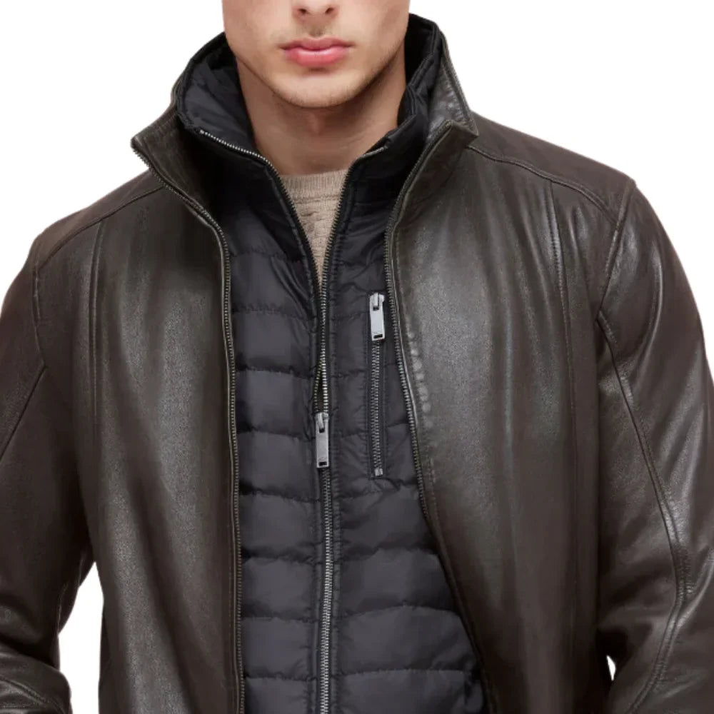 Men’s Dark Brown Lamb Leather Car Coat with Detachable Quilted Vest
