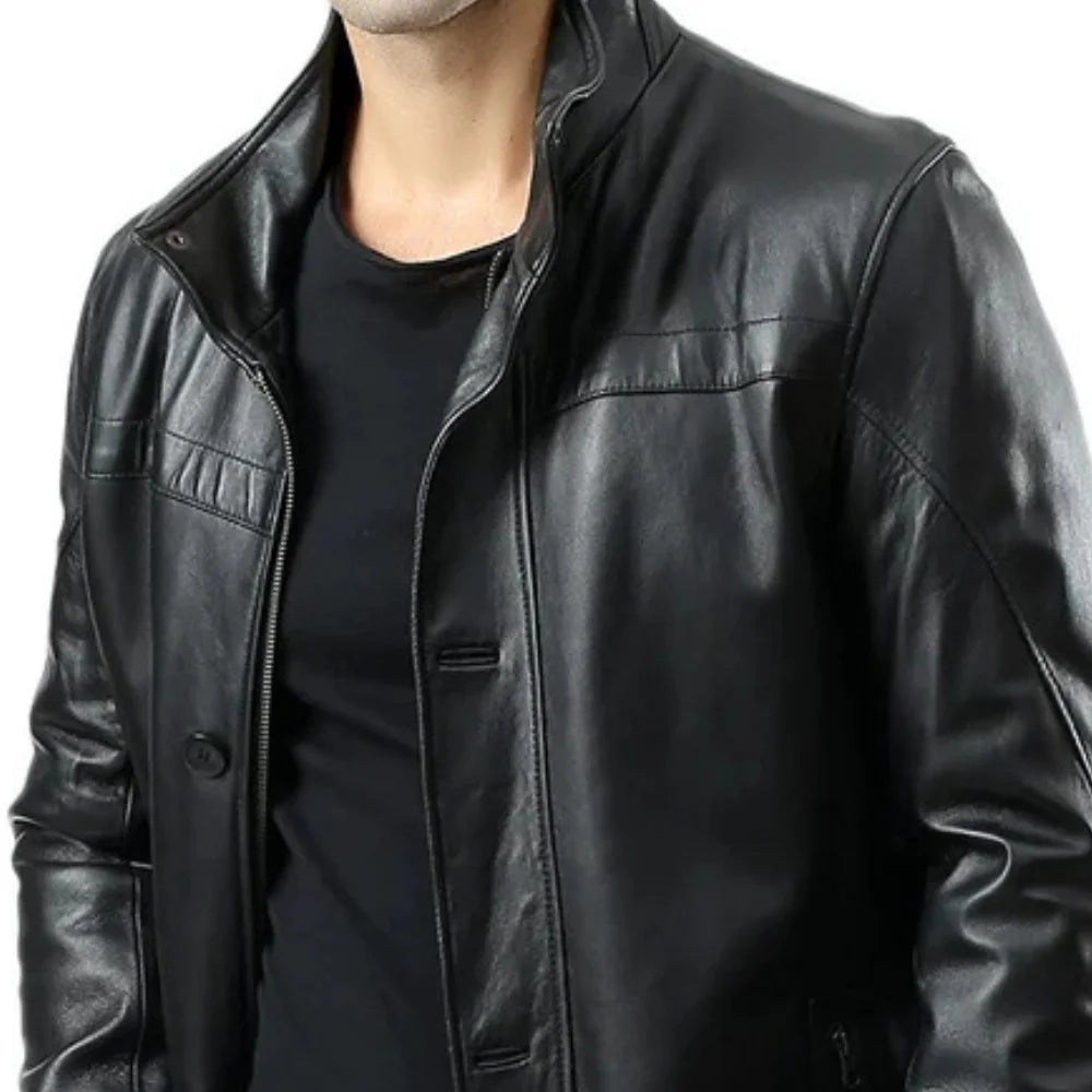Murphy  Men's Real Lambskin Black Leather Car Coat - 3/4 Length Coat