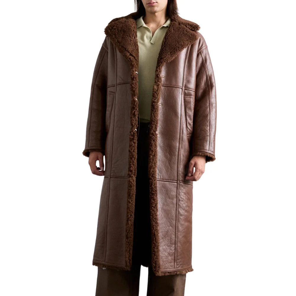 Men's Single Breasted Brown Shearling Long Coat
