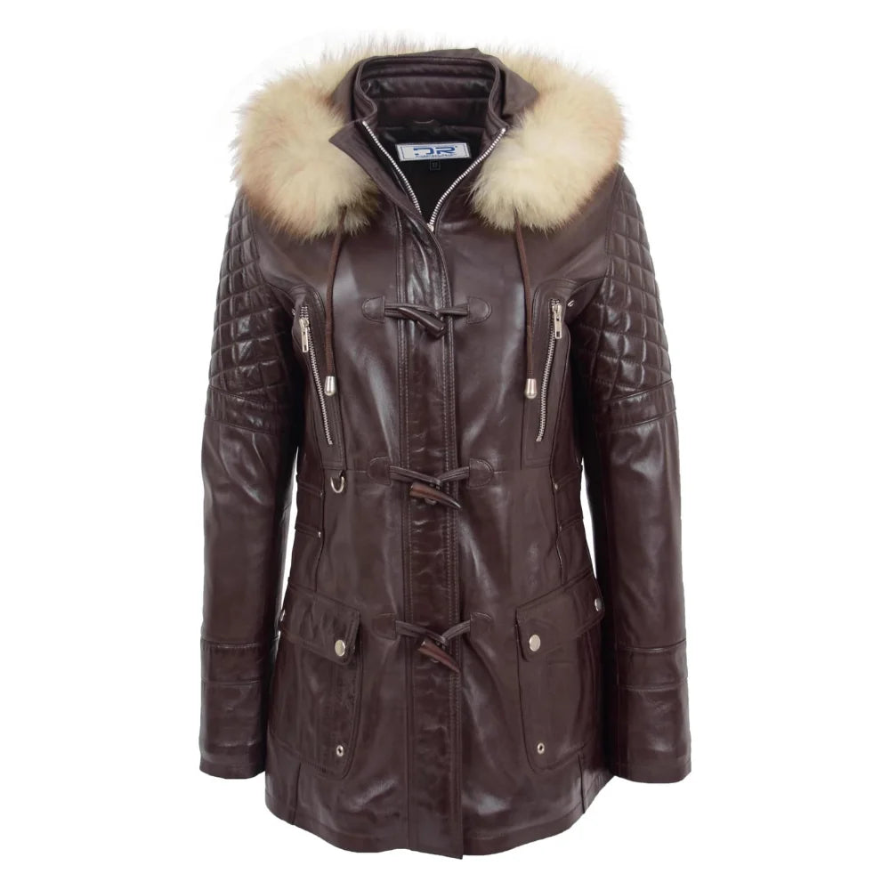 Women’s Ariel Brown Sheepskin Leather Duffle Coat with Removable Sherpa Hood
