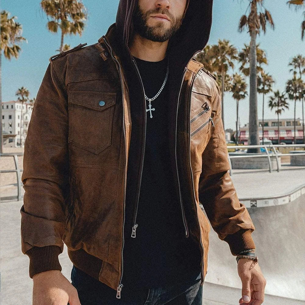 Mens Dark Brown Leather Bomber Jacket With Removable Hood