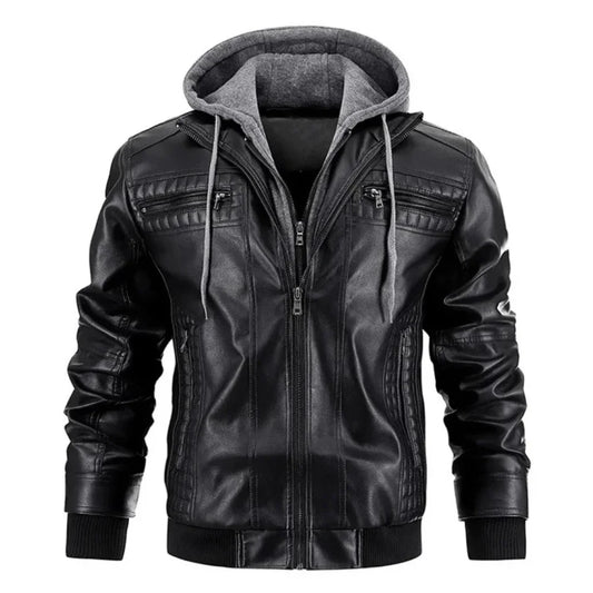 Men's Distressed Black Leather Jacket with Removable Hood