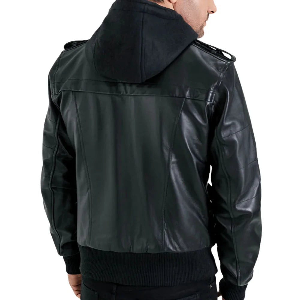 Men's Black Leather Bomber Jacket with Removable Hood