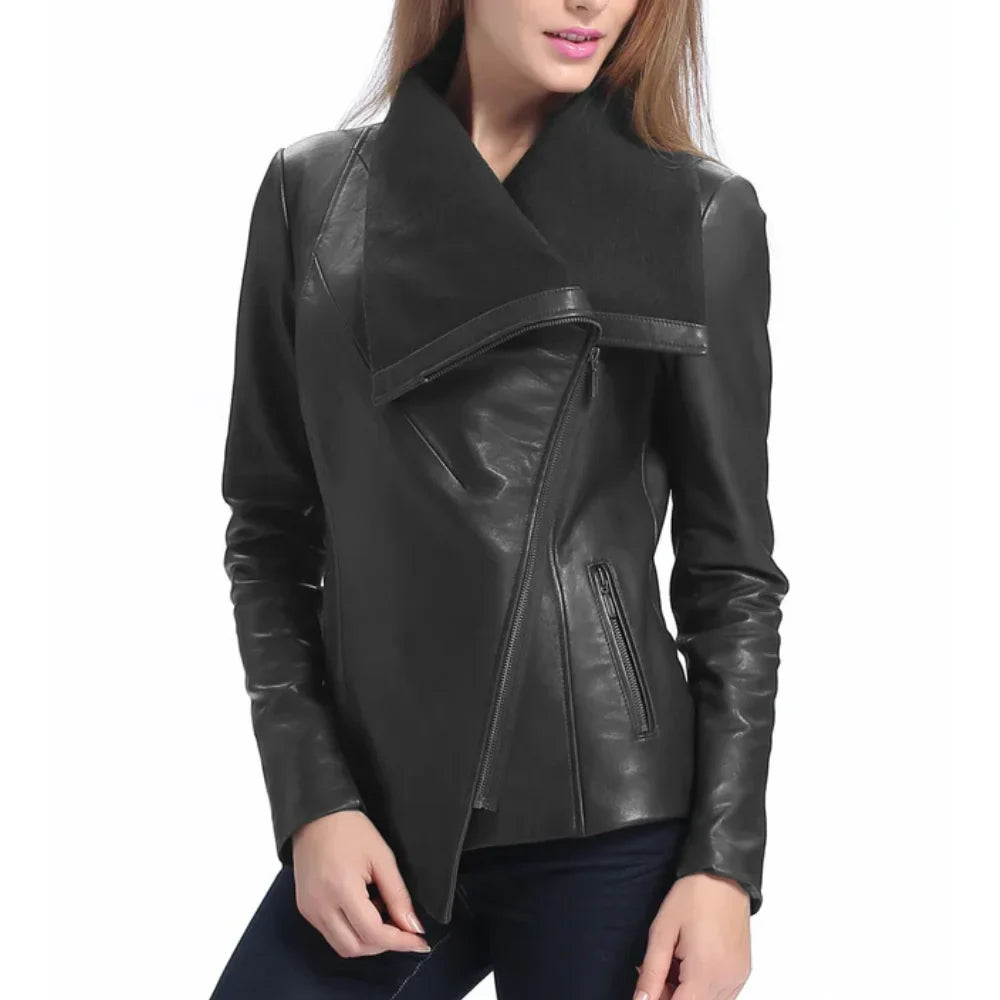 Women’s Asymmetrical Black Leather Jacket with Wool Blend Overlay - Trendy Jacket