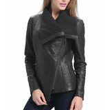 Women’s Asymmetrical Black Leather Jacket with Wool Blend Overlay - Trendy Jacket