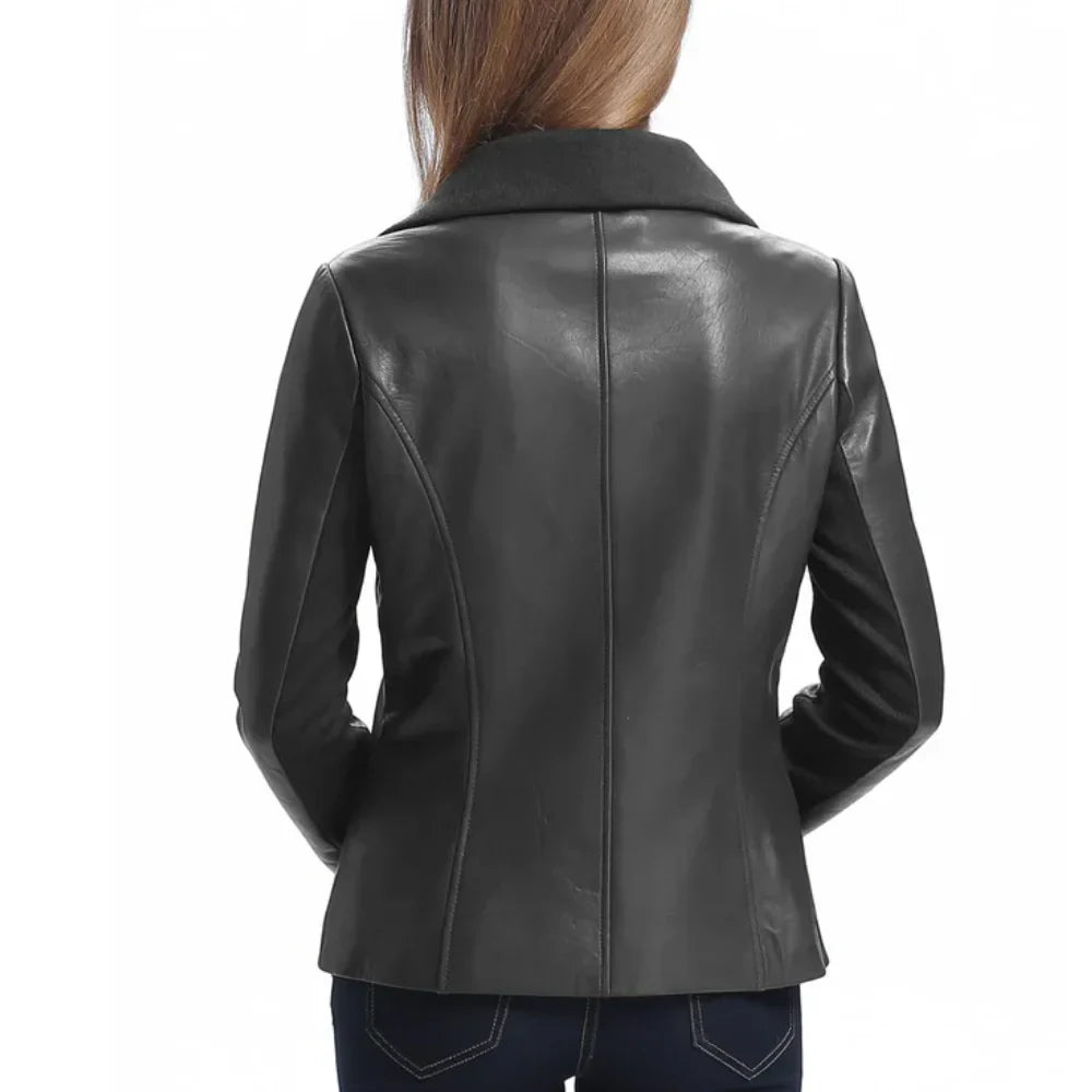 Women’s Asymmetrical Black Leather Jacket with Wool Blend Overlay - Trendy Jacket